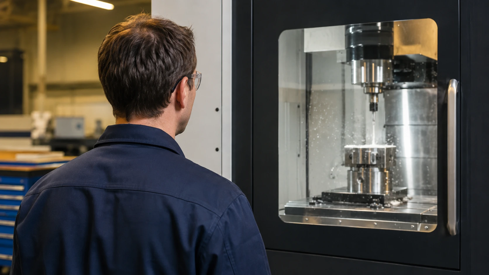 Illustrative engineer observing an enclosed CNC machine