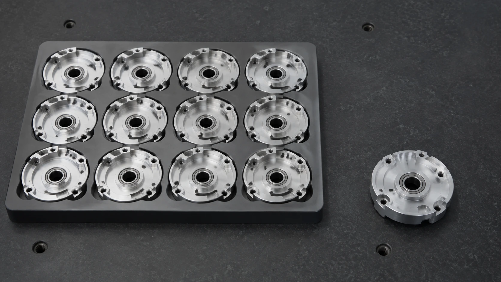 Illustration of a motor end cover beside matching parts in a production tray